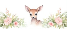 Pink And Green Watercolor Wreath With A Baby Deer Illustration For A Nursery In A Woodland Forest