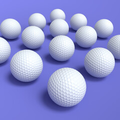 Wall Mural - Set of golf ball lying in row on violet background