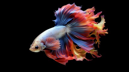 Betta fish. Colorful fighting Siamese fish with beautiful silk tail isolated on black. Amazing exotic tropical fish ai generated illustration