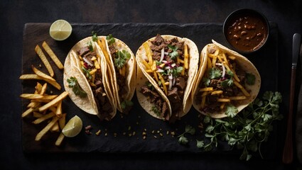 Delicious Two Half French Tacos Sandwich With Beef And French Fries