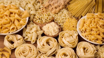 Top view of raw Italian pasta (penne, pipe, tagliatelle, cannelloni, rotini, fusilli, rigatoni, spaghetti, farfalle)