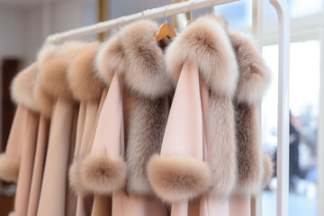 women's fashion coats with fur at the store. outer clothing for ladies on hangers at the shop. gener