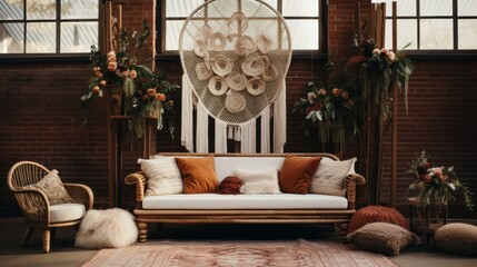 Wall Mural - Gender-neutral boho chic setup with macrame and floral arrangements