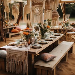 Gender-neutral boho chic setup with macrame and floral arrangements