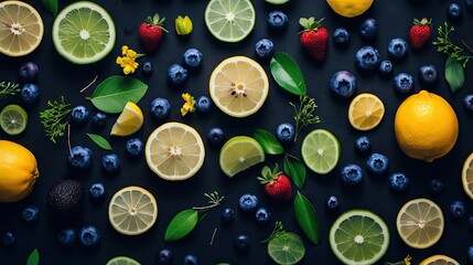 Poster -  lemons, blueberries, strawberries, and lemons are arranged on a black surface.  generative ai