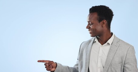 Canvas Print - Happy black man, pointing and business, advertising or marketing against a blue studio background. Portrait of African businessman smile showing list, information or steps for options on mockup space