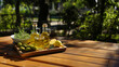 Zitronen und Öl im Garten auf dem Hoztisch mit schönen Sonnenlicht Querformat, ai generativ