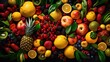  a large amount of fruit is arranged in a pattern on a black background.  generative ai