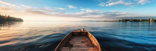 Calm Lake With Morning Skies Above, View From Wooden Boat - Wide Banner Photo. Generative AI