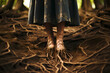 Woman legs in forest turning into tree roots grounded to earth.