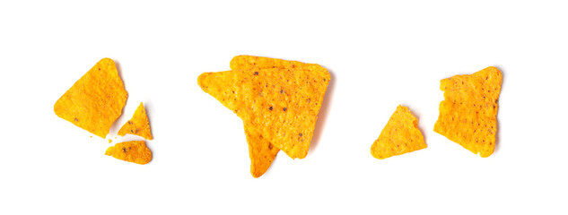 Nachos Chips Isolated, Mexican Triangle Corn Chips for Nacho Tortilla, Maize Snack, Nachos on White Background