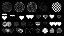 Set Of Abstract Aesthetic Elements Of Hearts And 3D Planet Layouts In Y2k Style. Black And White Retro Vector Illustration For Social Networks Or Posters.