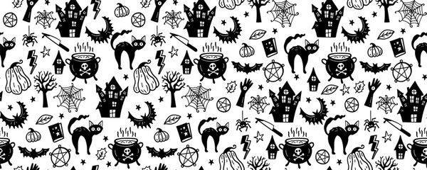 Wall Mural - Monochrome seamless pattern of cute Halloween hand drawn doodle. Black and white background with Pumpkin, broom, owl, skull, house, castle, raven, pentagram, witch, cat, leaves, spider, ghost, cat,