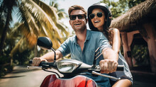 Tourist Couple Love Smile Driving Motorcycle In Bali