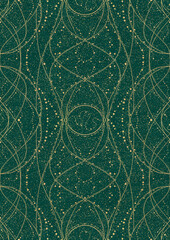 Wall Mural - Hand-drawn unique abstract symmetrical seamless gold ornament and splatters of golden glitter on a dark cold green background. Paper texture. Digital artwork, A4. (pattern: p10-2d)