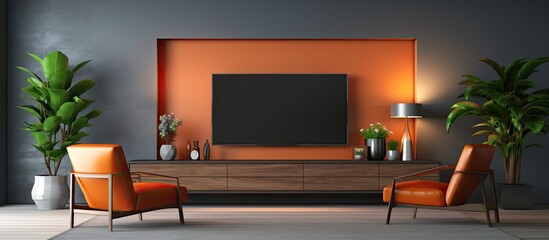 Canvas Print - Nighttime living room with of TV setup screen cabinet chairs bookshelf