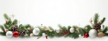 A Wide Border Made Of Lush Fir Branches And Adorned With Various Christmas Decorations. Border On A Clean White Background, Leaving Plenty Of Space For Adding Your Holiday Message.