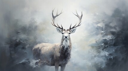 Wall Mural -  a painting of a deer with antlers standing in a foggy forest.  generative ai