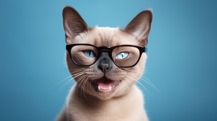 Wall Mural - beautiful meowing Siamese cat wearing glasses, on an isolated blue background