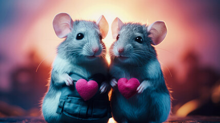 Banner background for Valentine's Day. Two cute little mice are hugging. Love concept.