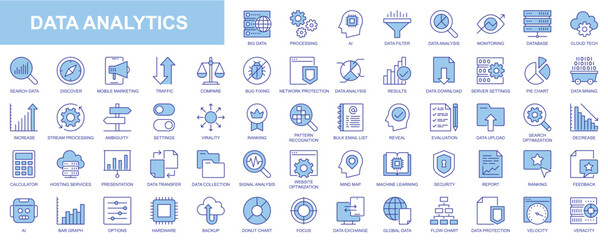 Fototapete - Data analytics web icons set in blue line design. Pack of database, big data process, ai, monitoring, traffic, hosting service, optimization, backup, chart and other. Vector outline stroke pictograms