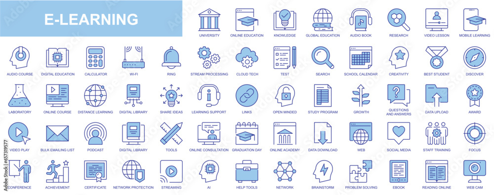 E-learning web icons set in blue line design. Pack of university ...