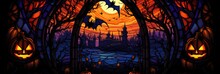Spooky Halloween Banner, Bats Pumpkins Cemetery