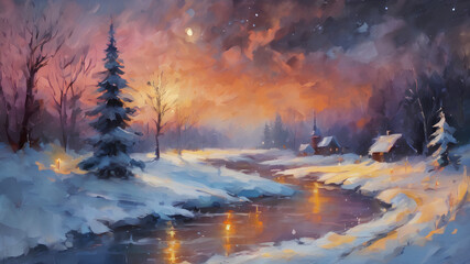 Poster - Magic winter night landscape. Illustration. Christmas, holidays, banner. AI generated