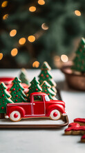 Christmas Cookies Shaped Like A Red Truck And Green Christmas Trees On A Copper Tray Tray. Vertical. Festive Atmosphere.