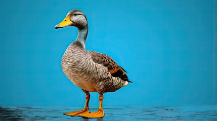 Sticker -  a duck with a yellow beak standing on a blue surface.  generative ai