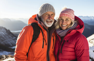 Wall Mural - Active old age. An elegant middle-aged elderly couple, leads an active lifestyle. They smile while hiking , enjoying the beauty of nature during their active retirement. Love story.