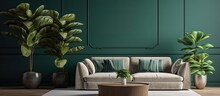 Elegant Living Room With Corner Sofa Small Round Coffee Table And A Large Green Plant With Copyspace For Text