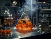 Chemical Reaction In An Erlenmeyer Flask, Orange Smoke Escaping, Sitting On A Steel Table, Emergency Shower And Eye Wash Station In The Background, Top - Down View