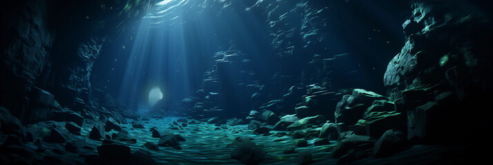 Wall Mural - Underwater cave, schools of tropical fish, mysterious darkness in the depths