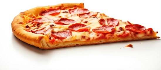 Canvas Print - Abstract cheesy pepperoni pizza slice on a white background Design for a pizza banner