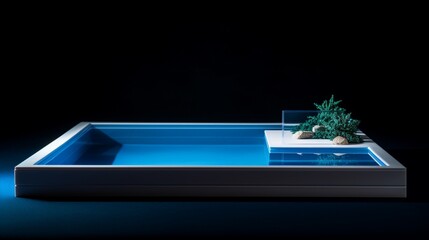 Fototapete - a miniature luxury swimming pool view infront of isolated dark blue and black contrast on left side with copy space.