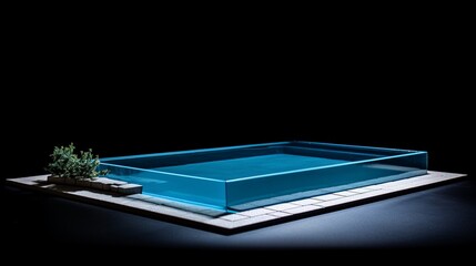 Fototapete - a miniature luxury swimming pool view infront of isolated dark blue and black contrast on left side with copy space.