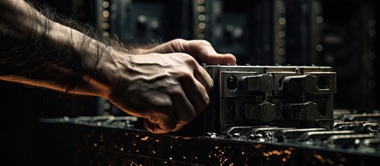 Poster - Close up of a man s hand holding a hammer at a data server With copyspace for text
