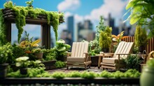 A Miniature Rooftop Garden With Lush Greenery, Lounge Chairs, And A Small Fountain.