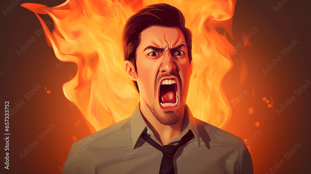 Angry cartoon-style man face anime person art  SCREAMING looks frustrated with overwhelmed of intense emotion.