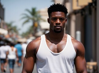 Wall Mural - Portrait of african american muscular man in white shirtless tank top in the street background, mockup, template, banner with copy space text 