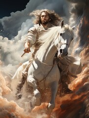 Wall Mural - God rides on white horse through the clouds in heaven. AI