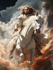 God rides on white horse through the clouds in heaven. AI