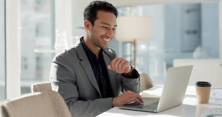 Poster - Happy man in office with laptop, market research and notes for social media review, business feedback or planning. Thinking, search and businessman networking online for startup, website and report.