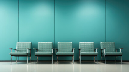 Wall Mural - A row of chairs in front of a green wall, AI