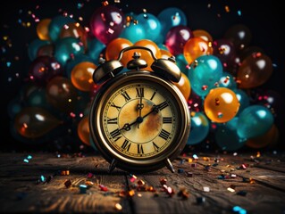 Canvas Print - An old alarm clock with balloons and confetti, AI