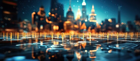 Poster - fintech icon on city road background representing investment tech and iot concept with double exposu