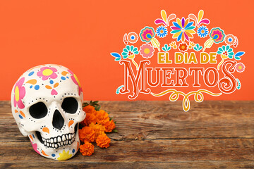 Wall Mural - Greeting card for Mexico's Day of the Dead (El Dia de Muertos) with painted human skull and flowers