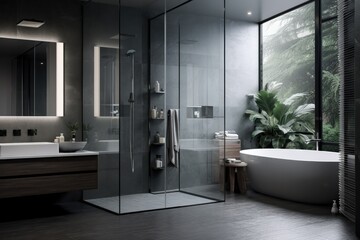 Poster - Indulge in luxury and elegance with a modern bathroom design. White interiors, clean lines, and contemporary fixtures create a bright and relaxing space for ultimate hygiene and relaxation.