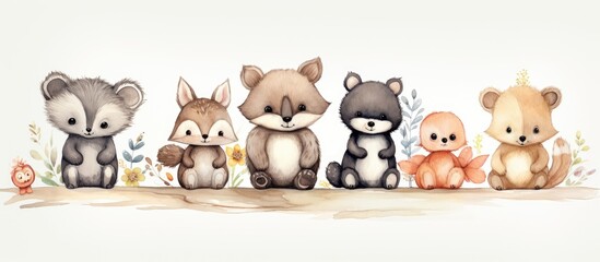 Poster - Watercolor illustration of woodland baby animals fox bear squirrel rabbit hedgehog and raccoon for a nursery